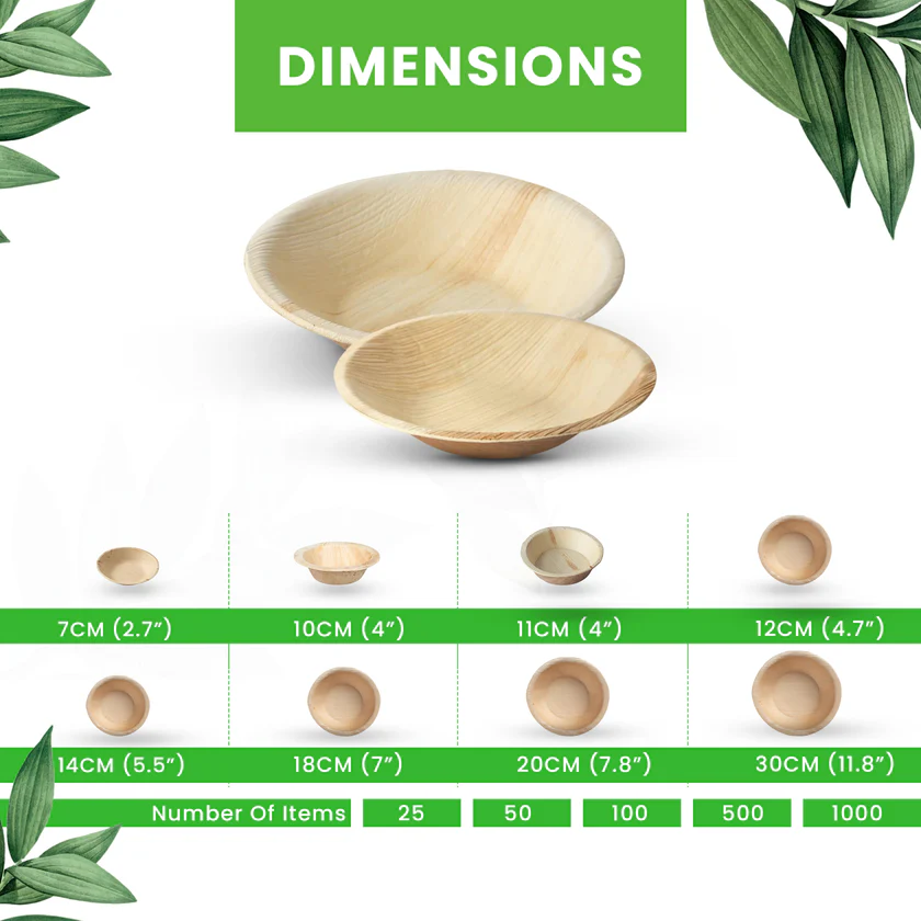 38 Premium Round Palm Leaf Bowls 7-30cm | Eco-Friendly Disposable Bowls | 8 Sizes